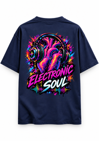 Zingleberry Electronic Soul navy blue oversized T-shirt back with vibrant neon anatomical heart, headphones and electronic music artwork