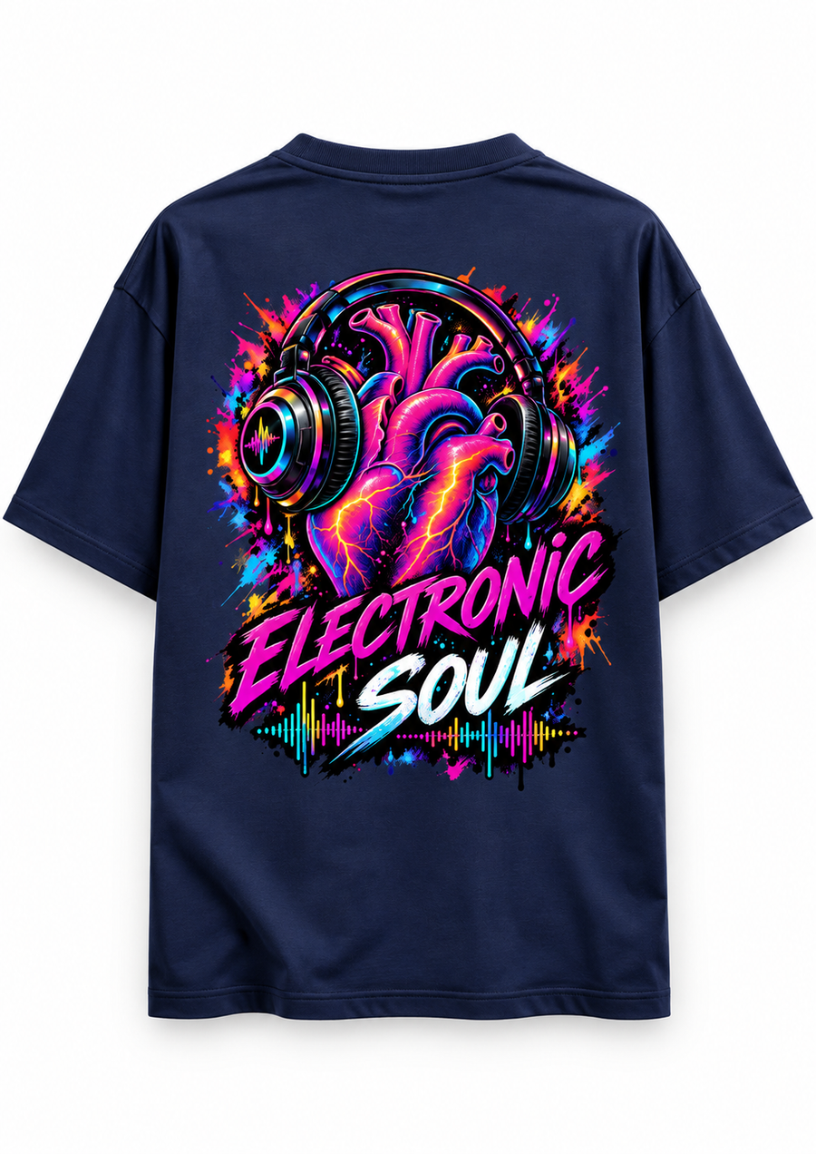 Zingleberry Electronic Soul navy blue oversized T-shirt back with vibrant neon anatomical heart, headphones and electronic music artwork