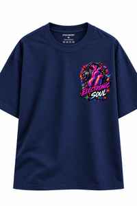 Zingleberry Electronic Soul navy blue unisex oversized T-shirt front with colourful neon heart and headphones chest graphic