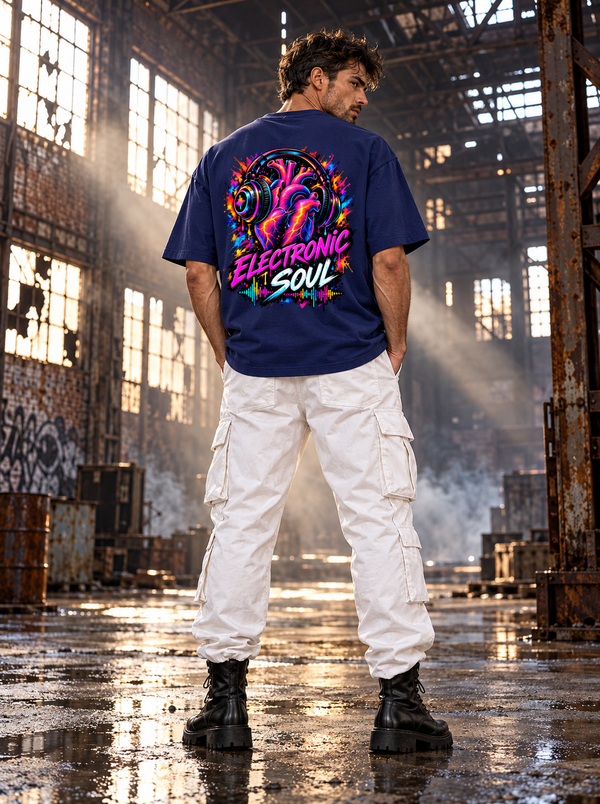 Male model showing Electronic Soul neon heart and headphones back artwork on Zingleberry navy blue oversized T-shirt with white cargo trousers