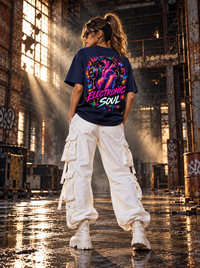 Female model wearing Zingleberry Electronic Soul navy blue oversized T-shirt featuring colourful electronic music back artwork with white cargo trousers and sneakers