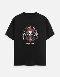 Front view of Zingleberry Enjoy The Moment Panda Premium Unisex Black Cotton T-Shirt featuring a cute panda graphic with Chill Time artwork made from 100% pure cotton.