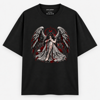 Zingleberry Fallen Angel black oversized cotton T-shirt featuring winged angel, red crescent moon, roses and gothic artwork.