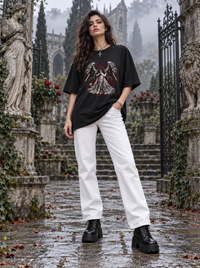 Female model wearing Zingleberry Fallen Angel black oversized graphic T-shirt with white wide-leg jeans and black boots.