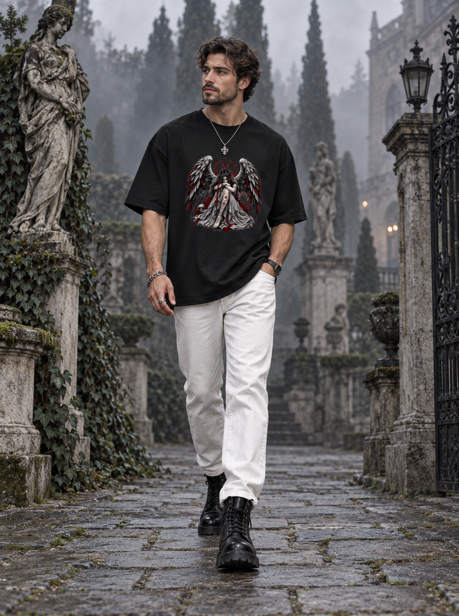 Male model wearing Zingleberry Fallen Angel black oversized graphic T-shirt with white jeans and black combat boots in gothic architecture setting.