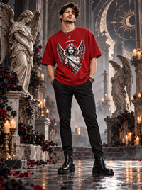 Male model wearing Zingleberry Fallen Angel red unisex oversized Gothic T-shirt with black trousers and leather boots.