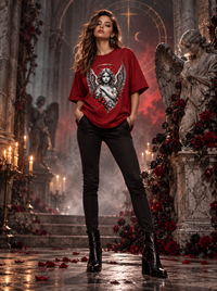Female model wearing Zingleberry Fallen Angel red unisex oversized Gothic T-shirt with black trousers and Gothic ankle boots.