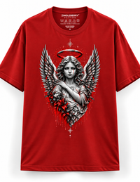 Zingleberry Fallen Angel red unisex oversized Gothic T-shirt with silver angel wings, halo and crimson floral graphic.