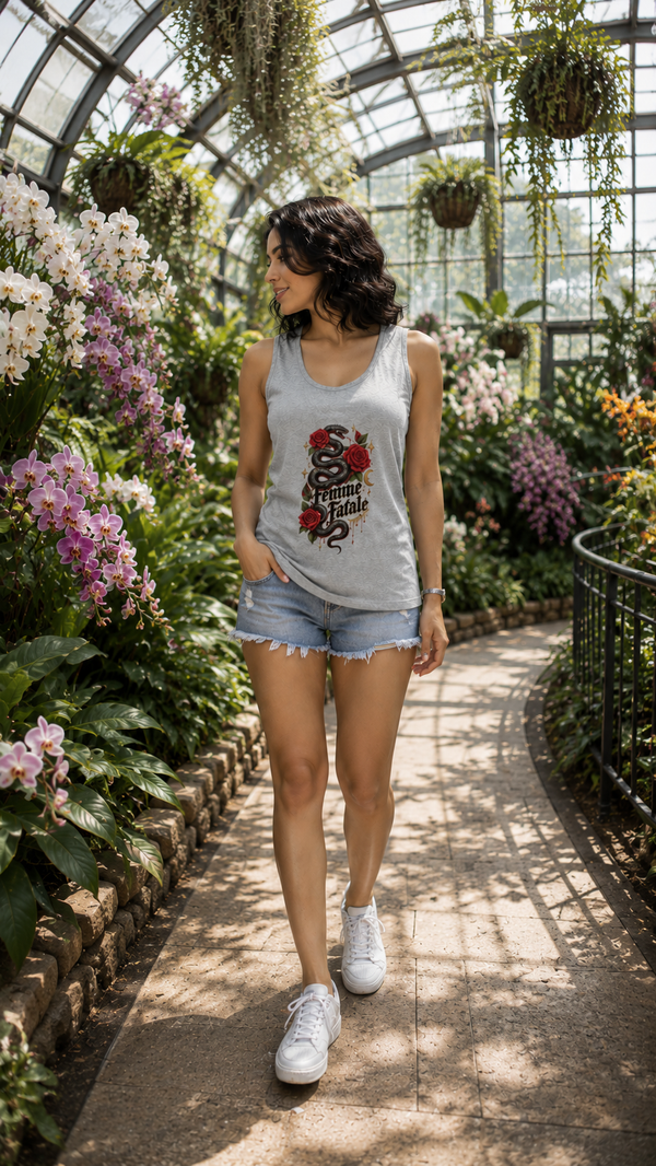 Zingleberry Femme Fatale grey women’s cotton tank top with snake and red rose graphic front view