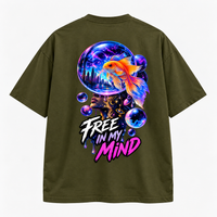 Zingleberry Free In My Mind olive green oversized T-shirt back featuring colourful goldfish, futuristic cosmic sphere, city skyline and neon surreal typography