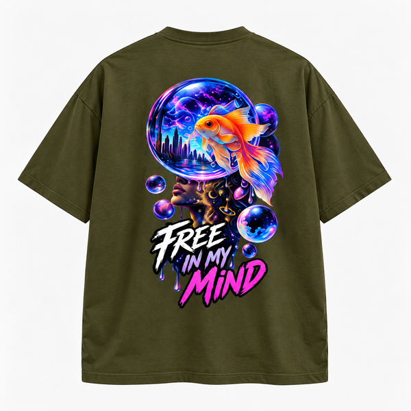 Zingleberry Free In My Mind olive green oversized T-shirt back featuring colourful goldfish, futuristic cosmic sphere, city skyline and neon surreal typography