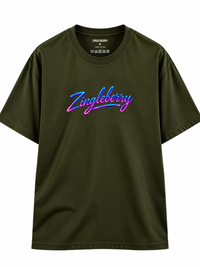 Zingleberry Free In My Mind olive green unisex oversized T-shirt front featuring neon blue and pink Zingleberry signature logo across the chest