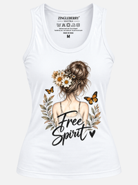 Zingleberry white women’s tank top featuring a Free Spirit floral girl illustration with butterflies and botanical artwork.