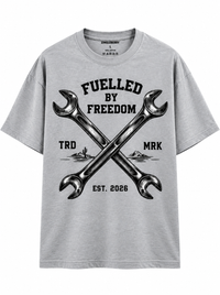 Zingleberry Fuelled by Freedom grey unisex oversized T-shirt with crossed metallic wrench graphic and black typography.