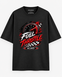 Zingleberry Full Throttle black oversized cotton T-shirt featuring red tachometer, chequered racing flag and bold Full Throttle No Limits graphic.