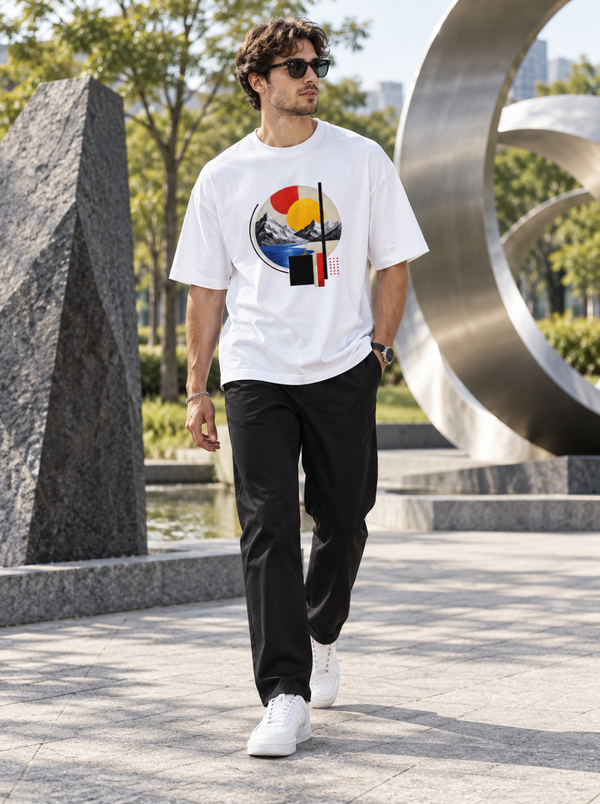 Male model wearing Zingleberry white oversized Geometric Mountain graphic T-shirt with black trousers and white sneakers.