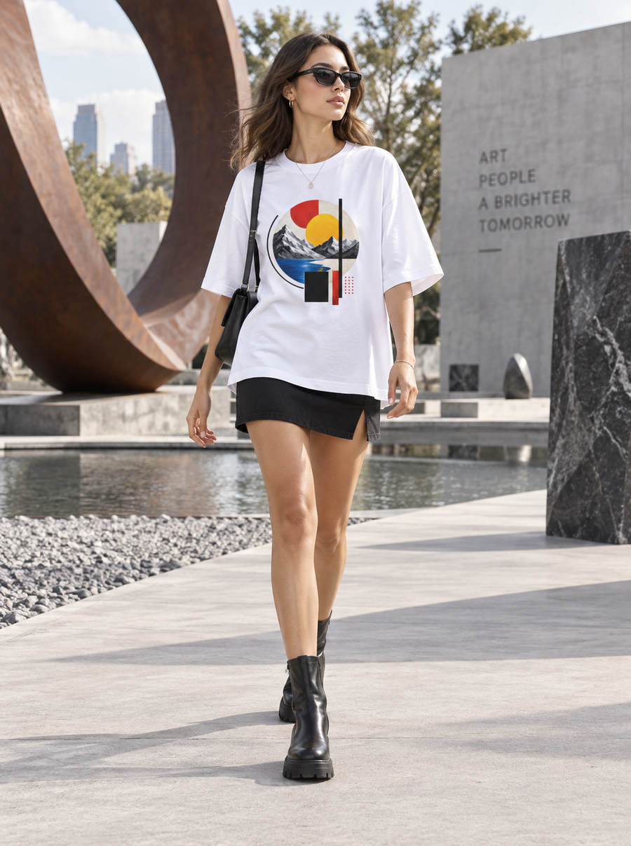 Woman wearing Zingleberry white oversized Geometric Mountain modern art graphic T-shirt with black skirt and ankle boots.