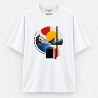 Zingleberry white oversized cotton T-shirt featuring colourful geometric mountain and lake modern art graphic.