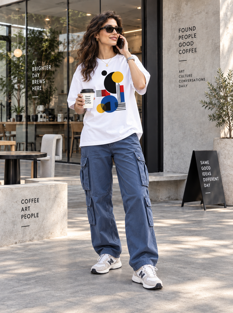 Woman wearing Zingleberry Geometric Rhythm white oversized T-shirt with blue cargo pants and white sneakers.