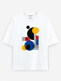 Zingleberry white unisex oversized cotton T-shirt featuring black, blue, red and yellow circles, rectangles and linear geometric abstract artwork.