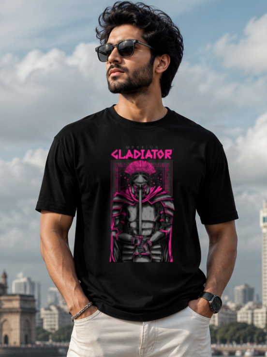 Male model wearing Zingleberry Gladiator Premium Black Cotton Graphic T-Shirt styled with white trousers for modern casual streetwear fashion.