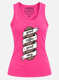 Zingleberry pink women’s tank top featuring a Good Coffee Good Day graphic print with ribbon-style artwork.