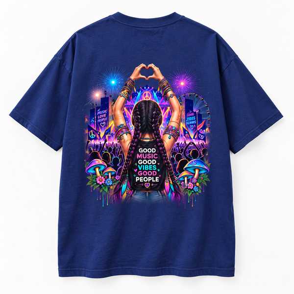 Zingleberry Good Music Good Vibes Good People royal blue oversized T-shirt back featuring neon psychedelic music festival artwork, colourful fireworks and festival crowd illustration.