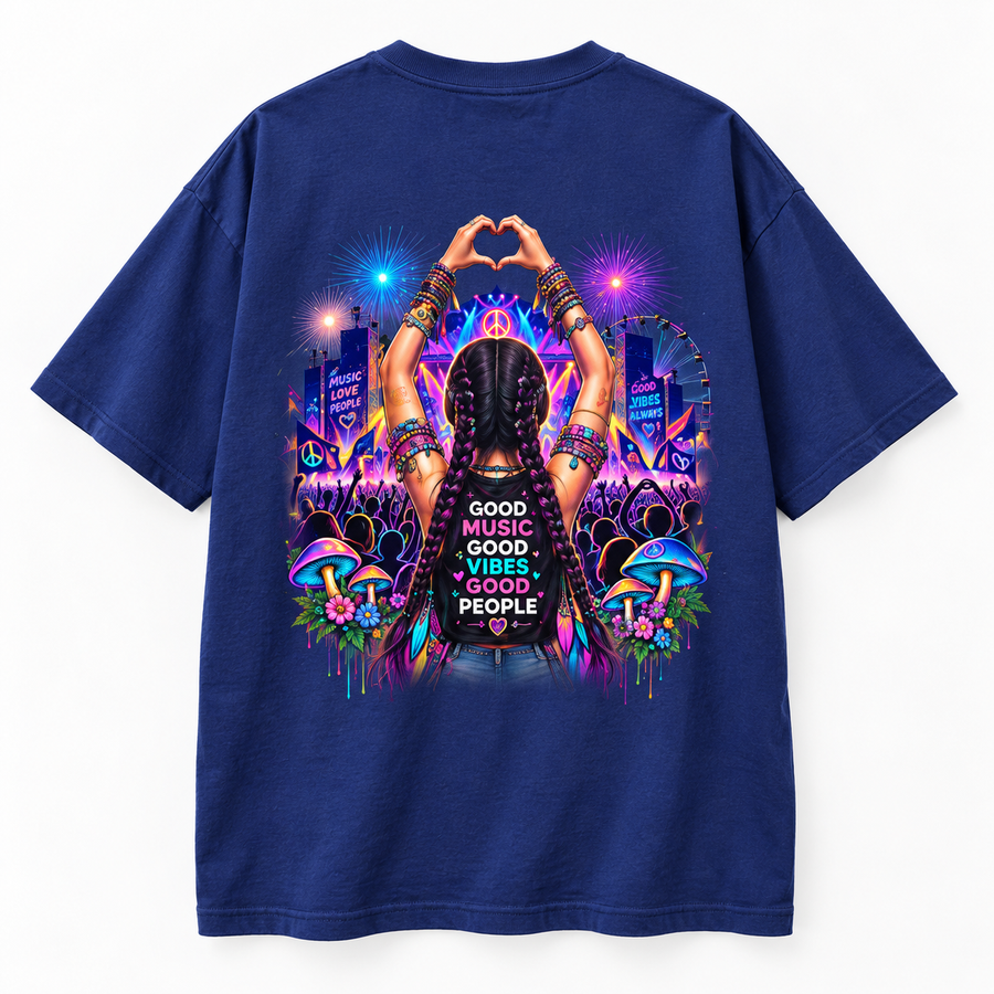 Zingleberry Good Music Good Vibes Good People royal blue oversized T-shirt back featuring neon psychedelic music festival artwork, colourful fireworks and festival crowd illustration.