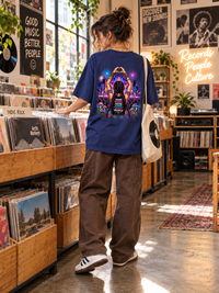 Female model wearing Zingleberry Good Music Good Vibes royal blue oversized graphic T-shirt featuring colourful psychedelic music festival back artwork while browsing vinyl records.