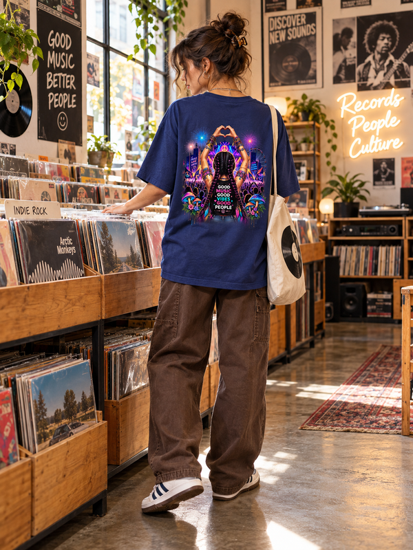 Female model wearing Zingleberry Good Music Good Vibes royal blue oversized graphic T-shirt featuring colourful psychedelic music festival back artwork while browsing vinyl records.