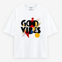 Zingleberry Good Vibes white oversized cotton T-shirt featuring modern abstract geometric typography artwork in black, red, yellow and blue.