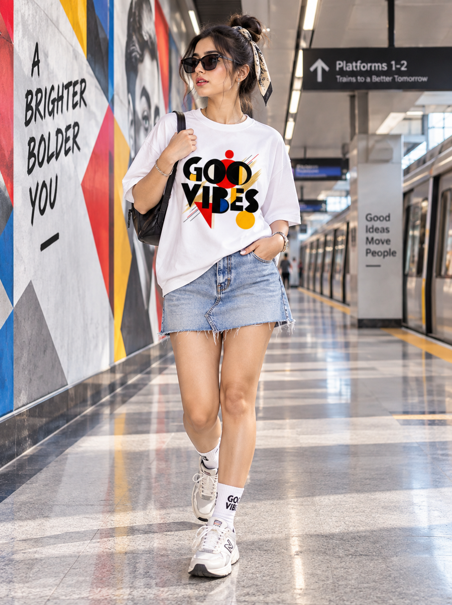 Female model wearing Zingleberry Good Vibes white oversized modern art graphic T-shirt with denim skirt and sneakers at a metro station.