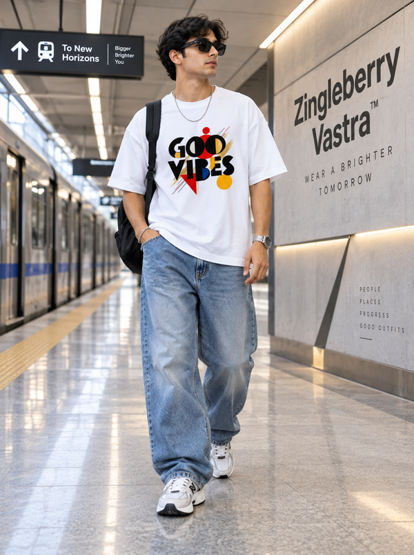 Male model wearing Zingleberry Good Vibes white oversized abstract graphic T-shirt with blue baggy jeans and sneakers at a modern metro station.