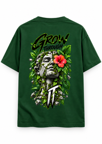 Zingleberry Grow Through It premium bottle green oversized T-shirt with large sculpture, green foliage and red hibiscus back print.