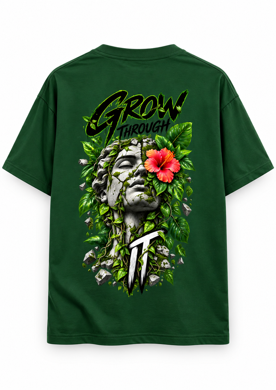 Zingleberry Grow Through It premium bottle green oversized T-shirt with large sculpture, green foliage and red hibiscus back print.