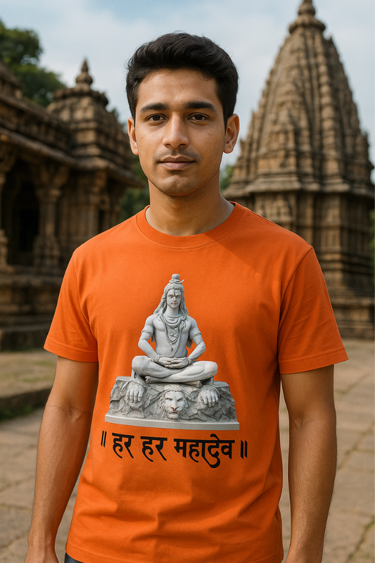 Indian male model wearing saffron orange Zingleberry t-shirt with Lord Shiva statue and Har Har Mahadev text, standing in front of a Hindu temple