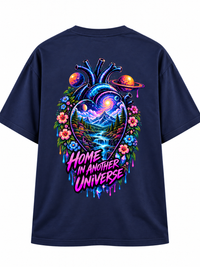 Zingleberry Home in Another Universe navy blue oversized T-shirt back featuring vibrant anatomical heart, cosmic galaxy, mountain landscape, waterfalls and floral artwork