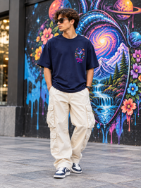 Male model wearing Zingleberry Home in Another Universe navy blue oversized T-shirt with off-white cargo trousers and navy-white sneakers against colourful cosmic street art