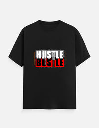 Front view of Zingleberry Hustle Bustle Premium Unisex Black Cotton T-Shirt featuring bold white, black and red typography graphic made from 100% pure cotton.