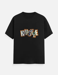 Front view of Zingleberry Hustle Premium Unisex Black Cotton T-Shirt featuring a bold money-inspired HUSTLE typography graphic printed on 100% pure cotton.