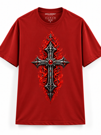 Zingleberry Inferno Cross crimson red unisex oversized Gothic T-shirt with metallic cross, red gemstone and flame graphic.