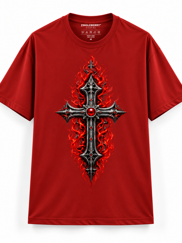 Zingleberry Inferno Cross crimson red unisex oversized Gothic T-shirt with metallic cross, red gemstone and flame graphic.