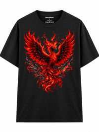Zingleberry Inferno Rebirth black unisex oversized T-shirt with fiery crimson phoenix front graphic