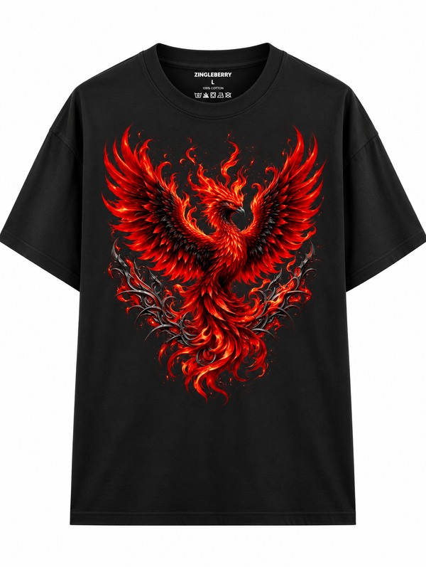 Zingleberry Inferno Rebirth black unisex oversized T-shirt with fiery crimson phoenix front graphic