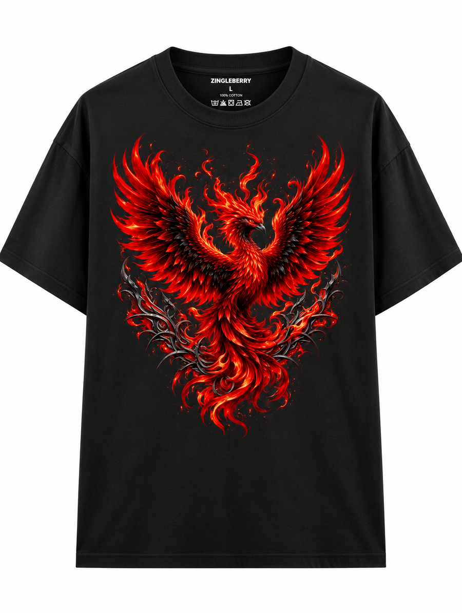 Zingleberry Inferno Rebirth black unisex oversized T-shirt with fiery crimson phoenix front graphic