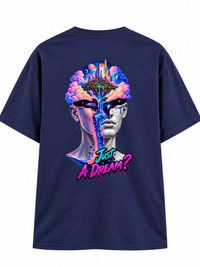 Zingleberry Just A Dream navy blue oversized T-shirt back featuring vibrant psychedelic face, floating fantasy kingdom and colourful cosmic artwork
