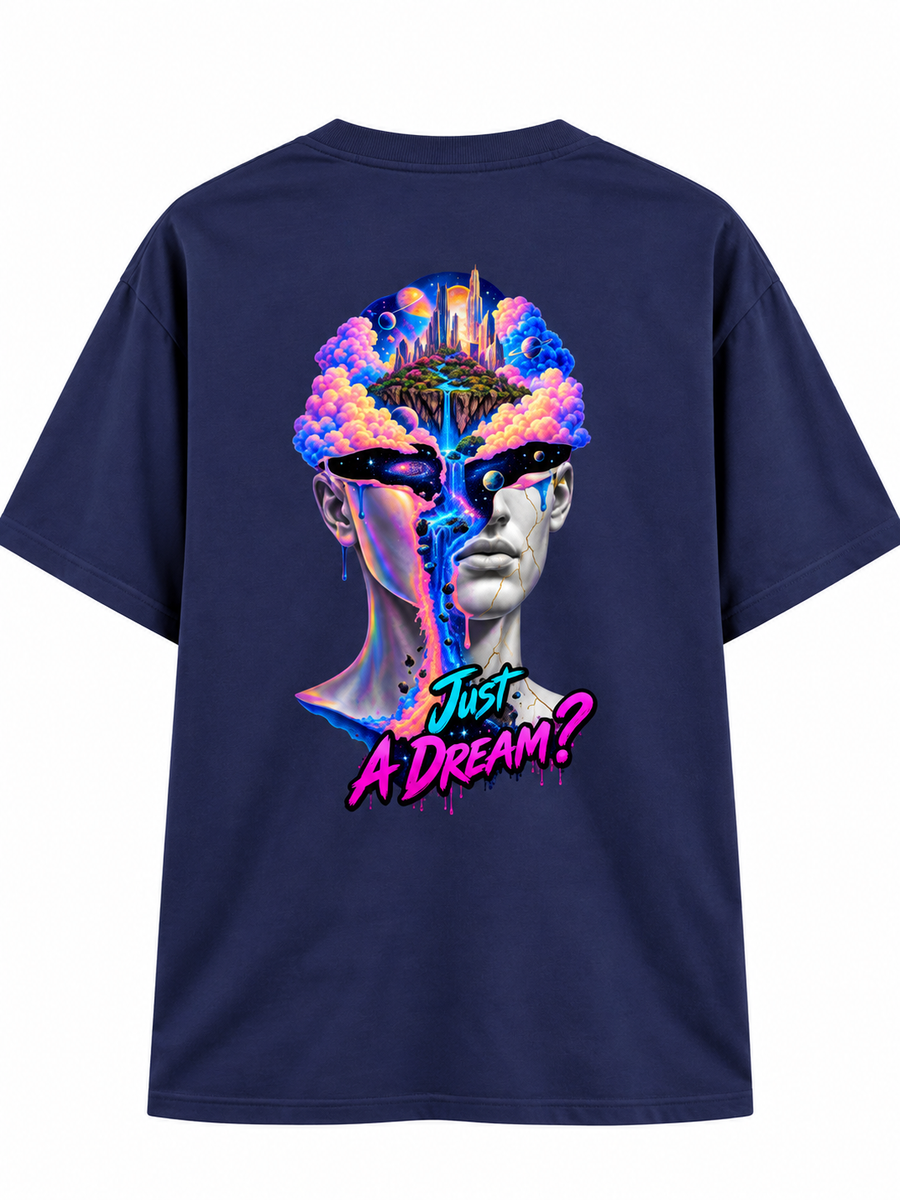 Zingleberry Just A Dream navy blue oversized T-shirt back featuring vibrant psychedelic face, floating fantasy kingdom and colourful cosmic artwork
