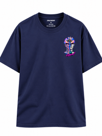 Zingleberry Just A Dream navy blue unisex oversized T-shirt front featuring small colourful surreal fantasy portrait graphic on left chest