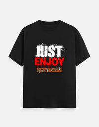 Front view of Zingleberry Just Enjoy This Life Premium Unisex Black Cotton T-Shirt featuring bold distressed white and red typography made from 100% pure cotton.