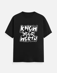 Front view of Zingleberry Know Your Worth Premium Unisex Black Cotton T-Shirt featuring a bold motivational typography graphic print made from 100% pure cotton.